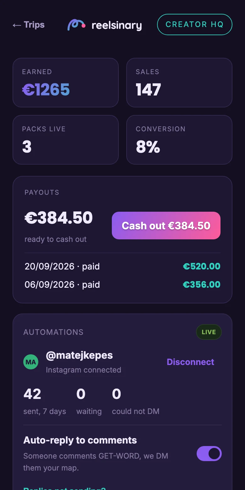 Creator HQ: earnings, sales, payouts ready to cash out, and Instagram auto-replies live